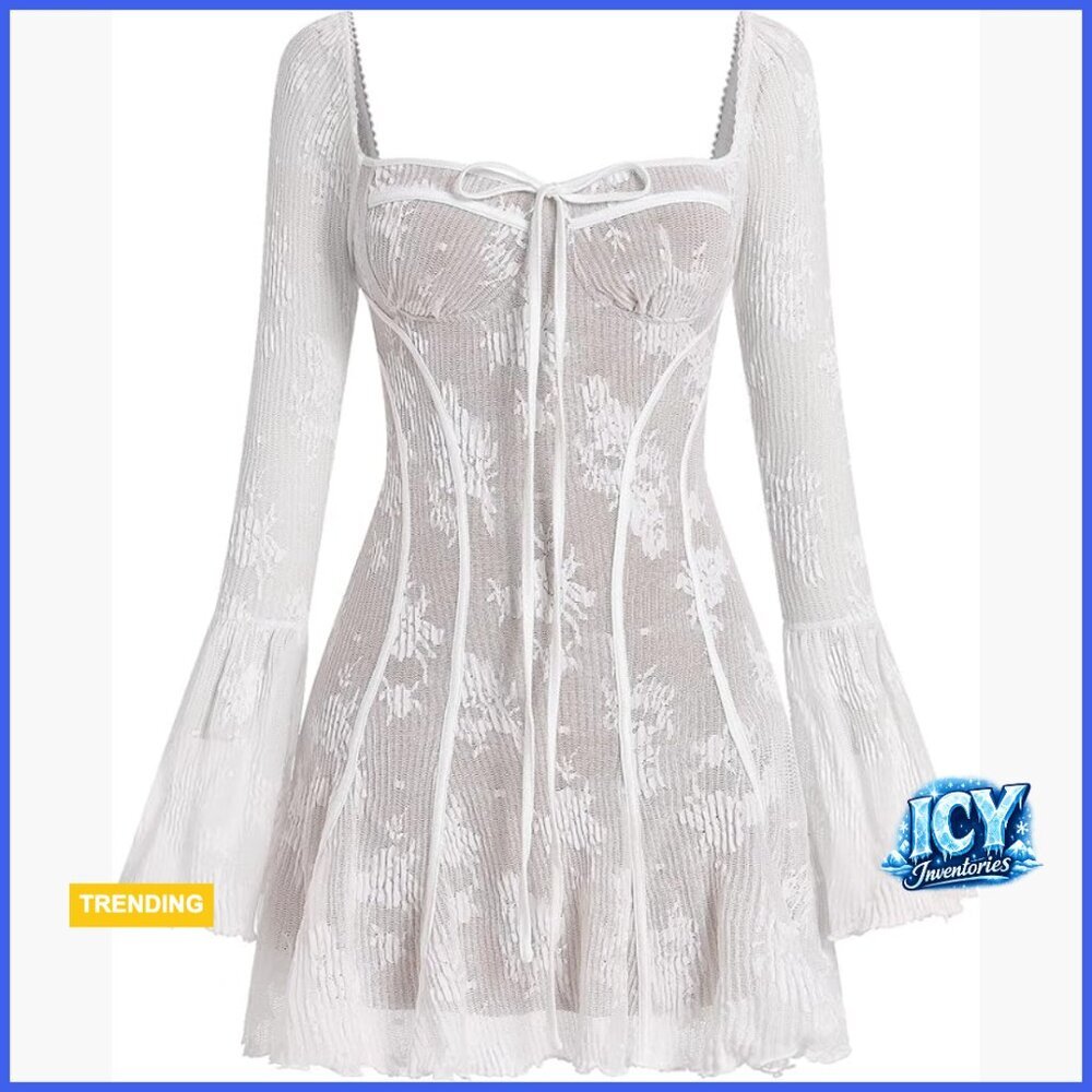 Long Sleeve Corset Mini Dress with Floral Lace and Lettuce Hem